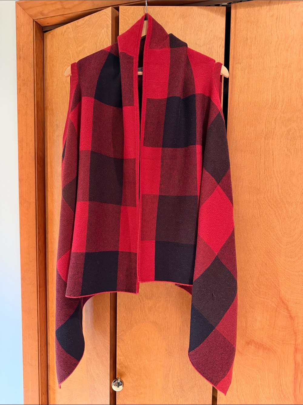 Woolrich Red Black Buffalo Plaid Open-Front Wrap Merino Wool Blend XL OS